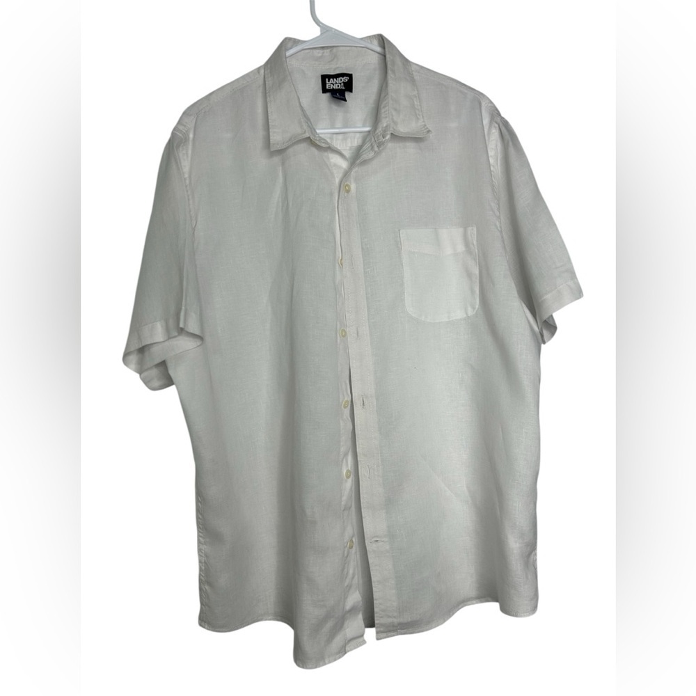 Lands end men Size Large Linen Shirt White Short Sleeves Coastal Beach Vacation